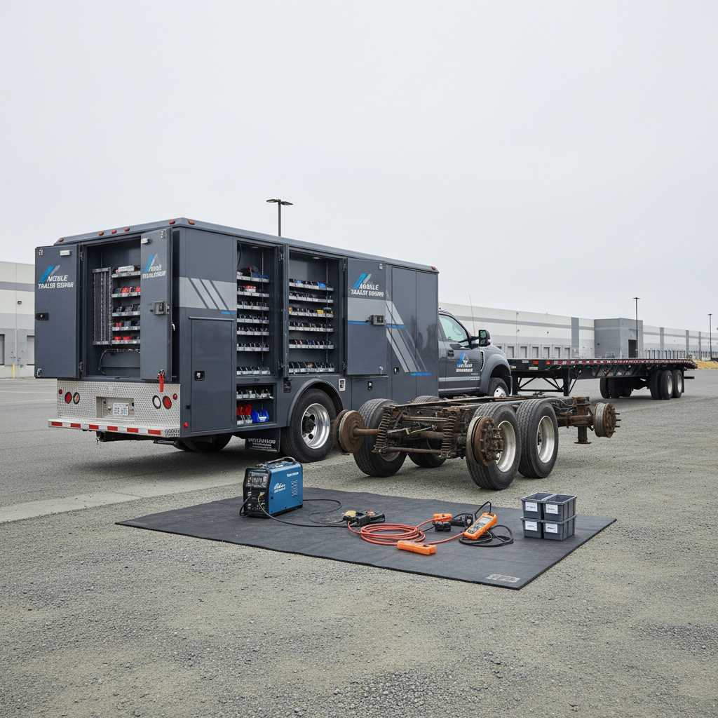 A specialized mobile trailer service truck branded with subtle, generic graphics is parked beside a long flatbed trailer on the edge of an industrial lot. The flatbed’s exposed axles, leaf springs, and brake assemblies are clearly visible, with organized welding equipment, electrical testing devices, and labeled parts bins laid out on a clean utility mat. Overcast coastal daylight from San Diego creates diffused, shadow-free illumination, highlighting metal textures and rubber components. Captured from a slightly elevated, wide-angle perspective, the composition emphasizes the full mobile workshop capability. Photographic realism with crisp detail throughout, conveying efficiency, preparedness, and reliability in an uncluttered, professional environment with muted, natural colors and a calm, competent atmosphere.
