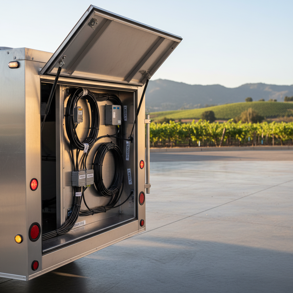 A compact utility trailer with its side access panel open, revealing a freshly rewired electrical system with neatly bundled cables, labeled junction boxes, and bright LED marker lights. The trailer sits on a smooth concrete pad in a quiet commercial yard, with distant hills and a hint of Temecula vineyards softly blurred in the background. Warm, late-afternoon sunlight creates subtle reflections on the metal surfaces and casts gentle, directional shadows that add depth. Photographic realism, captured at eye level with a rule-of-thirds composition that balances the open panel and visible wiring against the trailer body. The atmosphere is calm, organized, and highly professional, highlighting meticulous electrical troubleshooting and upgrade services for customers who value reliability and attention to detail.