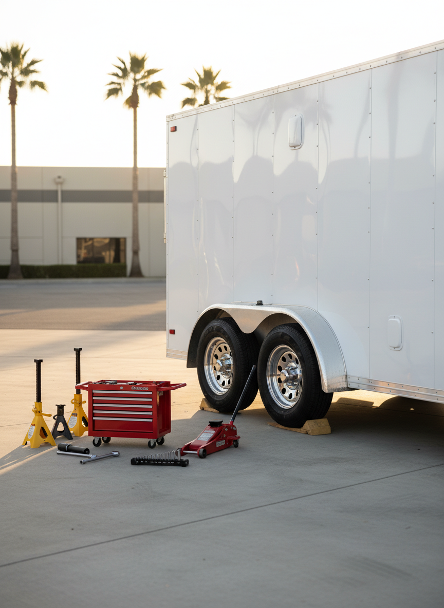 A clean, well-maintained dual-axle cargo trailer parked on a level concrete driveway, its bright white aluminum panels reflecting soft late-afternoon sunlight. The trailer’s wheels, brakes, and axles are prominently visible, with neatly organized tools, jack stands, and a compact mobile service toolbox arranged around it, emphasizing professionalism and readiness. In the blurred background, low industrial buildings and a few palm trees hint at San Diego County. Photographic realism, shot at eye level with a slight three-quarter angle, sharp focus on the trailer and equipment, gentle bokeh in the distance. The mood is dependable and reassuring, with natural, warm lighting creating clean highlights and soft shadows for a modern, trustworthy business feel.